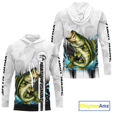 Load image into Gallery viewer, White Camo Bass Fishing Custom Name Long Sleeve Hooded Fishing Shirts With UV Protection NBT462