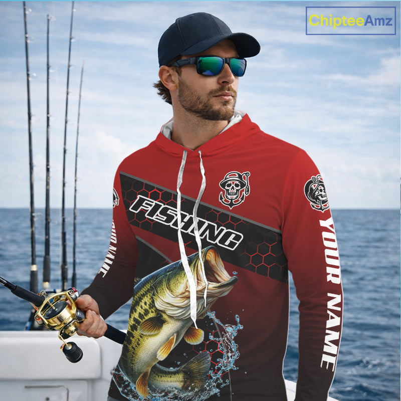 Largemouth Bass Hooded Fishing Shirts Red Camo Custom Name, Bass Fishing Shirts NBT463