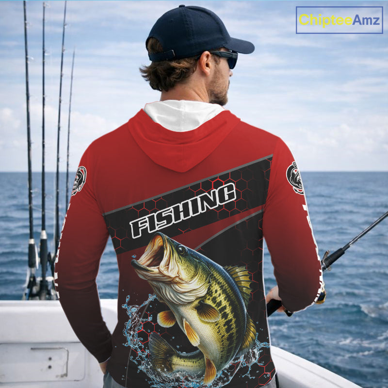 Largemouth Bass Hooded Fishing Shirts Red Camo Custom Name, Bass Fishing Shirts NBT463