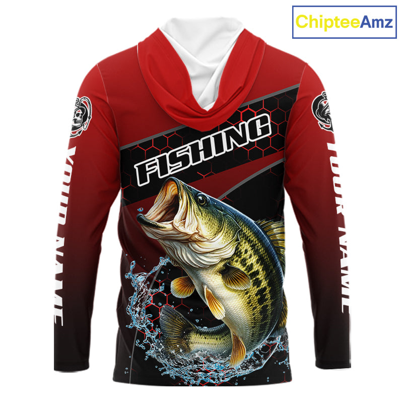 Largemouth Bass Hooded Fishing Shirts Red Camo Custom Name, Bass Fishing Shirts NBT463