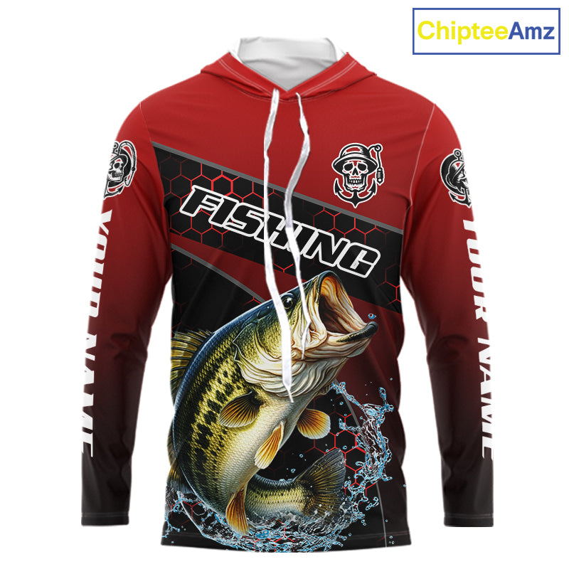 Largemouth Bass Hooded Fishing Shirts Red Camo Custom Name, Bass Fishing Shirts NBT463
