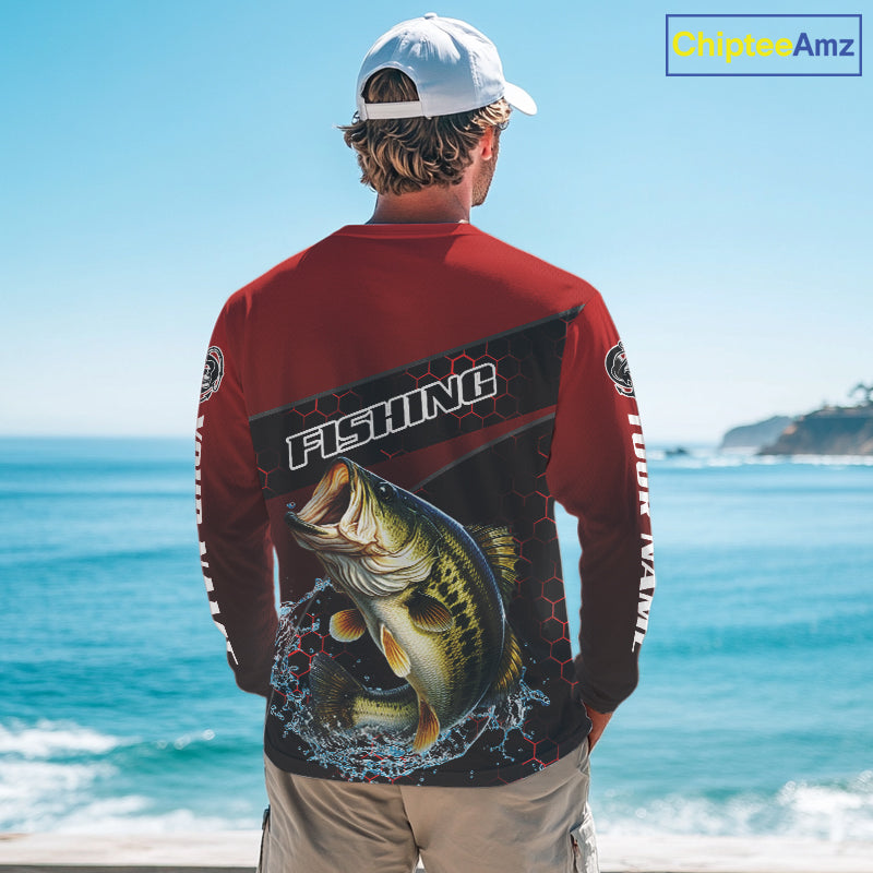 Largemouth Bass Hooded Fishing Shirts Red Camo Custom Name, Bass Fishing Shirts NBT463