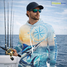 Load image into Gallery viewer, Blue Marlin Fishing Sunset Custom Fishing Long Sleeve Hooded Shirt, Marlin Compass Offshore Fishing Apparel NBT584