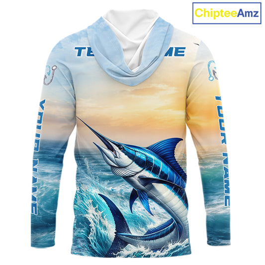 Blue Marlin Fishing Sunset Custom Fishing Long Sleeve Hooded Shirt, Marlin Compass Offshore Fishing Apparel NBT584