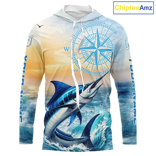 Blue Marlin Fishing Sunset Custom Fishing Long Sleeve Hooded Shirt, Marlin Compass Offshore Fishing Apparel NBT584