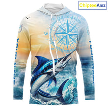 Load image into Gallery viewer, Blue Marlin Fishing Sunset Custom Fishing Long Sleeve Hooded Shirt, Marlin Compass Offshore Fishing Apparel NBT584
