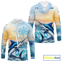 Load image into Gallery viewer, Blue Marlin Fishing Sunset Custom Fishing Long Sleeve Hooded Shirt, Marlin Compass Offshore Fishing Apparel NBT584