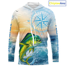 Load image into Gallery viewer, Mahi Mahi Fishing Sunset Custom Fishing Long Sleeve Hooded Shirt, Mahi Mahi Compass Offshore Fishing Apparel NBT585
