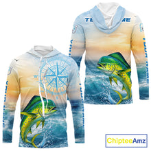 Load image into Gallery viewer, Mahi Mahi Fishing Sunset Custom Fishing Long Sleeve Hooded Shirt, Mahi Mahi Compass Offshore Fishing Apparel NBT585