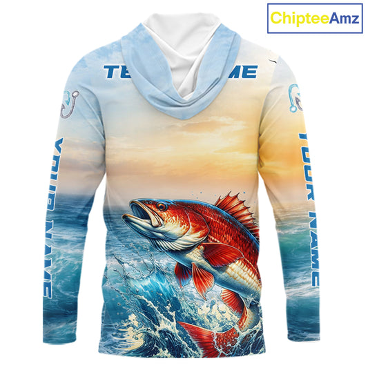 Redfish Fishing Sunset Custom Fishing Long Sleeve Hooded Shirt, Redfish Compass Offshore Fishing Apparel NBT587