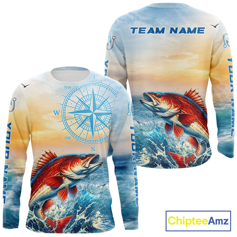Redfish Fishing Sunset Custom Fishing Long Sleeve Shirt, Redfish Compass Offshore Fishing Apparel NBT587
