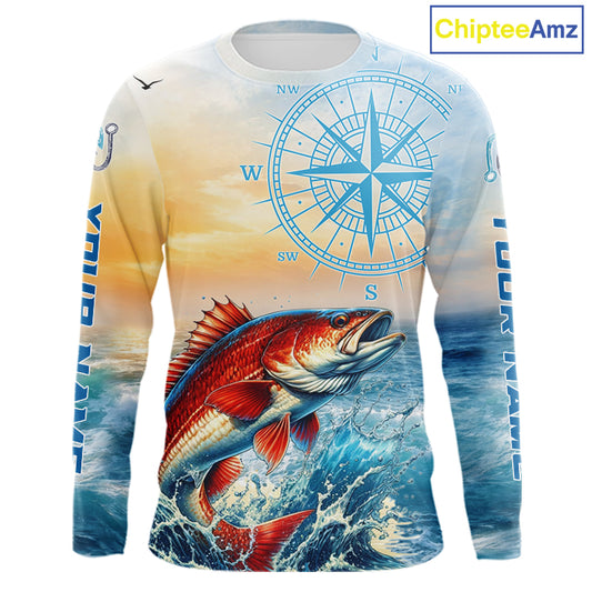 Redfish Fishing Sunset Custom Fishing Long Sleeve Shirt, Redfish Compass Offshore Fishing Apparel NBT587