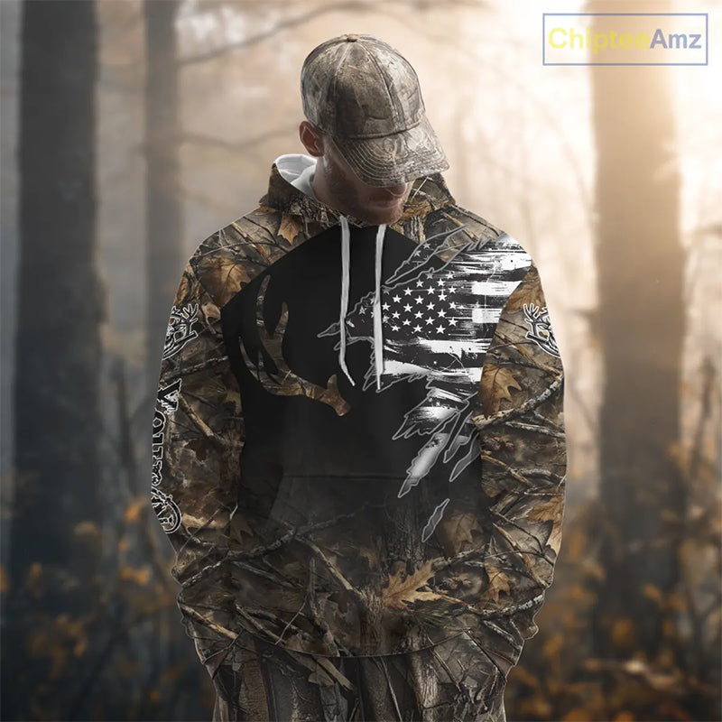 Whitetail Deer Hunting Shirts Personalized Black US Flag Camouflage, Best Gifts for Deer Hunters NBT275
