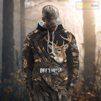Personalized Whitetail Deer Hunting 3D All Over Printed Hoodie Brown Autumn Leaves Camo NBT276