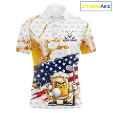 Load image into Gallery viewer, Patriotic Beer Mens Golf Polo Shirt front view - American flag + beer design, breathable fabric, red white blue colors