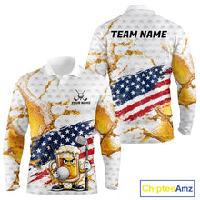 Load image into Gallery viewer, Patriotic Beer Mens Long Sleeve Golf Polo Shirt front view - American flag + beer design, breathable fabric, red white blue colors