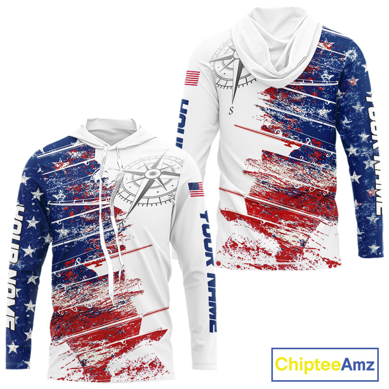Personalized Patriotic Fishing Team Shirts, American Flag Long Sleeve Hooded Fishing Shirts NBT486