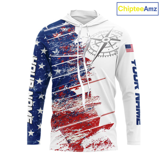 Personalized Patriotic Fishing Team Shirts, American Flag Long Sleeve Hooded Fishing Shirts NBT486