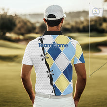 Load image into Gallery viewer, Mens golf polo shirt custom blue and yellow argyle plaid pattern – back view