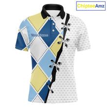 Load image into Gallery viewer, Mens golf polo shirt custom blue and yellow argyle plaid pattern – front view