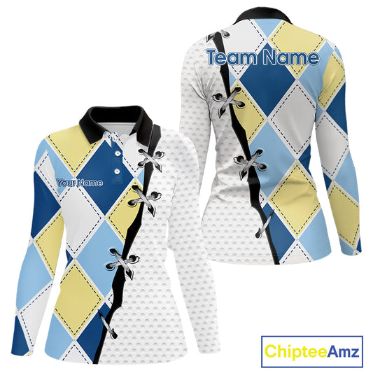 front and back view of long sleeve blue and yellow golf argyle plaid pattern womens golf polo