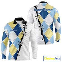 Load image into Gallery viewer, Mens Golf Polo Shirt Custom Blue And Yellow Golf Argyle Plaid Pattern, Personalized Golf Gifts NBT735