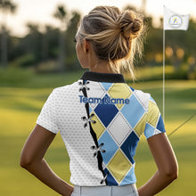 Load image into Gallery viewer, back view of custom name womens golf argyle polo shirt for golf lovers