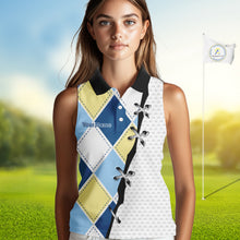 Load image into Gallery viewer, woman in blue and yellow golf argyle womens sleeveless polo shirt personalized golf gift