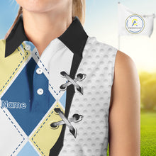 Load image into Gallery viewer, close up blue and yellow golf argyle womens sleeveless polo shirt