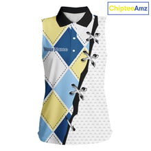 Load image into Gallery viewer, front view of blue and yellow golf argyle plaid pattern womens sleeveless golf polo