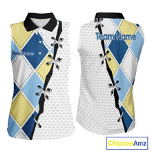 Load image into Gallery viewer, front and back view of blue and yellow golf argyle plaid pattern womens sleeveless golf polo