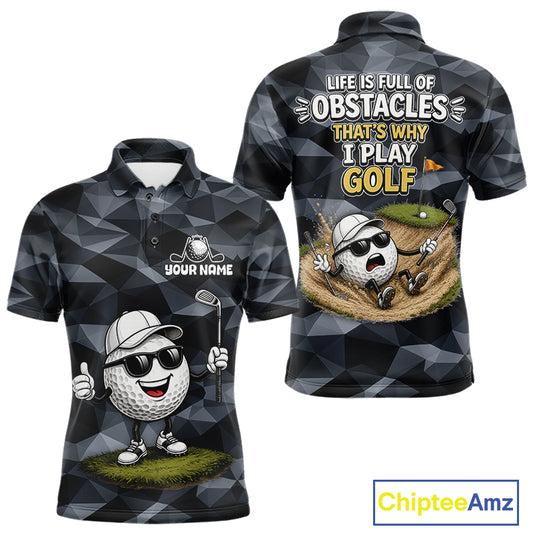 Front and back view of funny mens golf polo shirt with custom golf ball camo pattern, funny golf outfits and best golf gifts