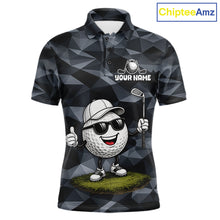 Load image into Gallery viewer, Front view of funny mens golf polo shirt with custom golf ball camo pattern, funny golf outfits and best golf gifts