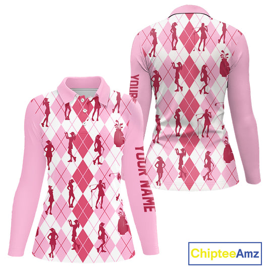 Light Pink Argyle Womens Golf Polo Shirts, Golf Shirts Custom Team Golf Polo For Ladies Team Golf Tops NBT491