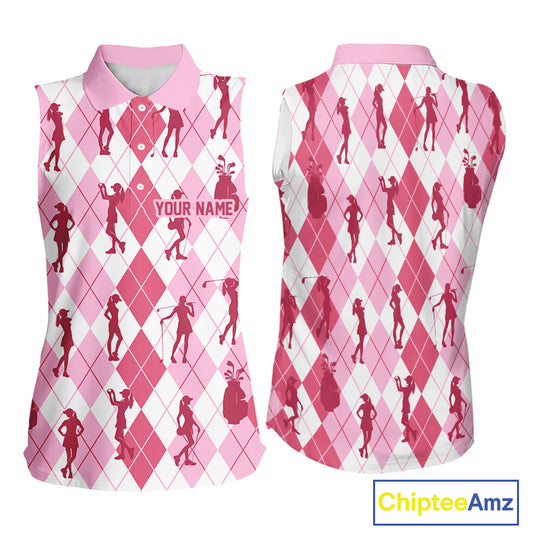 Light Pink Argyle Womens Sleeveless Golf Polo Shirts, Golf Shirts Custom Team Golf Polo For Ladies Team Golf Tops NBT491