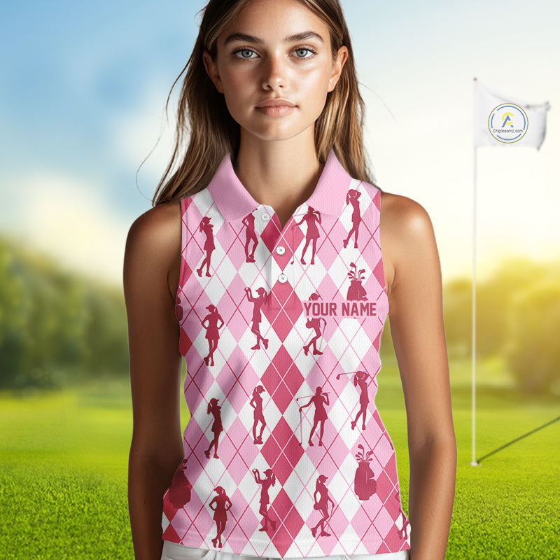 Light Pink Argyle Womens Sleeveless Golf Polo Shirts, Golf Shirts Custom Team Golf Polo For Ladies Team Golf Tops NBT491
