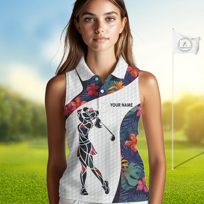 Custom Name Colorful Tropical Pattern Golf Women's Sleeveless Polo Shirt, White Golf Shirt, Team Golf Top NBT498