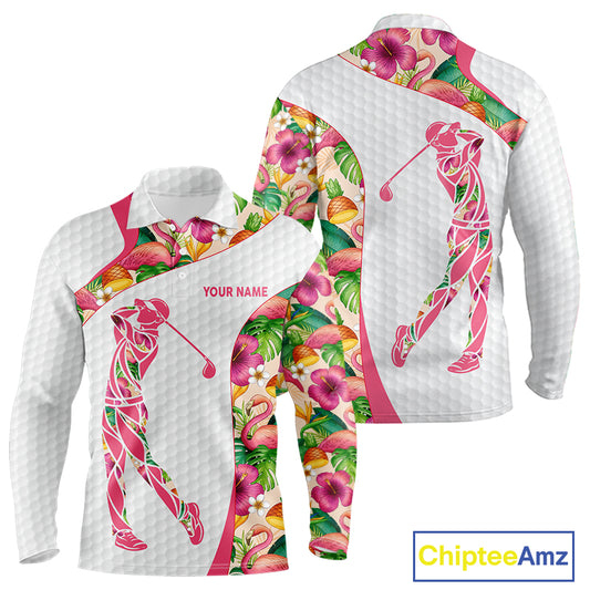 Colorful Tropical Pattern Mens Golf Polo Shirt Custom Name White Golf Shirt, Golf Gifts NBT499