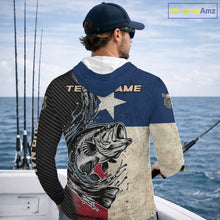 Load image into Gallery viewer, Angler wearing Custom Texas Flag Bass Fishing Shirt Texas Bass Long Sleeve Hooded Shirt, breathable UPF 30+ long sleeve hooded fishing shirt on the boat