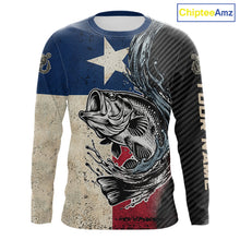 Load image into Gallery viewer, Front view of Texas Flag Bass Fishing Shirt custom long sleeve UPF largemouth bass fishing shirt mockup front view