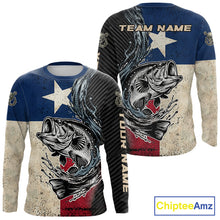 Load image into Gallery viewer, Front and back view of Texas Flag Bass Fishing Shirt custom long sleeve UPF largemouth bass fishing shirt