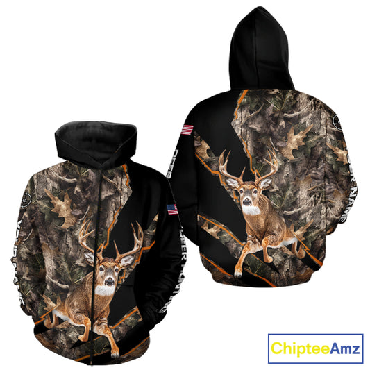 Whitetail Deer Hunting Brown Camo with Scope US Flag Shirts, Deer Hunting Clothes for Hunters NBT230