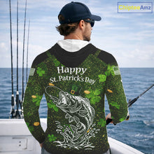 Load image into Gallery viewer, Custom St Patrick's Day American Flag Bass Long Sleeve Hooded Fishing Shirts, Patriotric Bass Fishing Jerseys NBT381