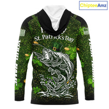 Load image into Gallery viewer, Custom St Patrick's Day American Flag Bass Long Sleeve Hooded Fishing Shirts, Patriotric Bass Fishing Jerseys NBT381