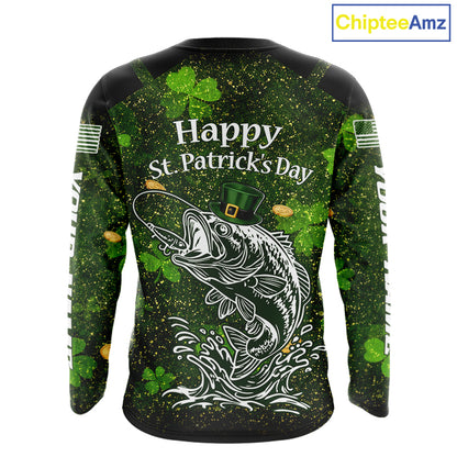 Custom St Patrick's Day American Flag Bass Long Sleeve Fishing Shirts, Patriotric Bass Fishing Jerseys NBT381