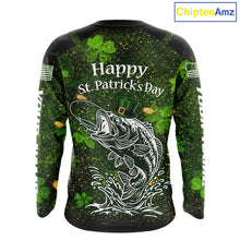 Load image into Gallery viewer, Custom St Patrick's Day American Flag Bass Long Sleeve Fishing Shirts, Patriotric Bass Fishing Jerseys NBT381