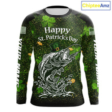Load image into Gallery viewer, Custom St Patrick's Day American Flag Bass Long Sleeve Fishing Shirts, Patriotric Bass Fishing Jerseys NBT381