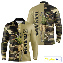 Load image into Gallery viewer, Funny Skull Golf Polo Shirts Green Camo Pattern Custom Name Skull Playing Golf Apparel NBT625