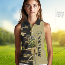 Load image into Gallery viewer, Funny Skull Womens Sleeveless Golf Polo Shirts Green Camo Pattern Custom Name Skull Playing Golf Apparel NBT625