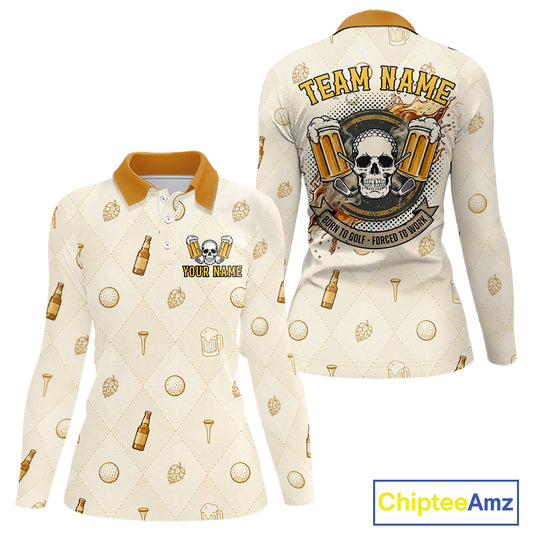 front view of Born To Golf Forced To Work mens long sleeve golf polo with beer argyle pattern